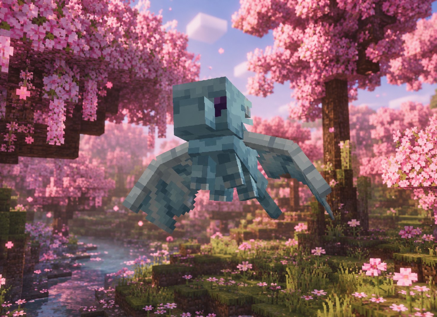 Un dragon compagnon en vol devant les cerisiers du spawn